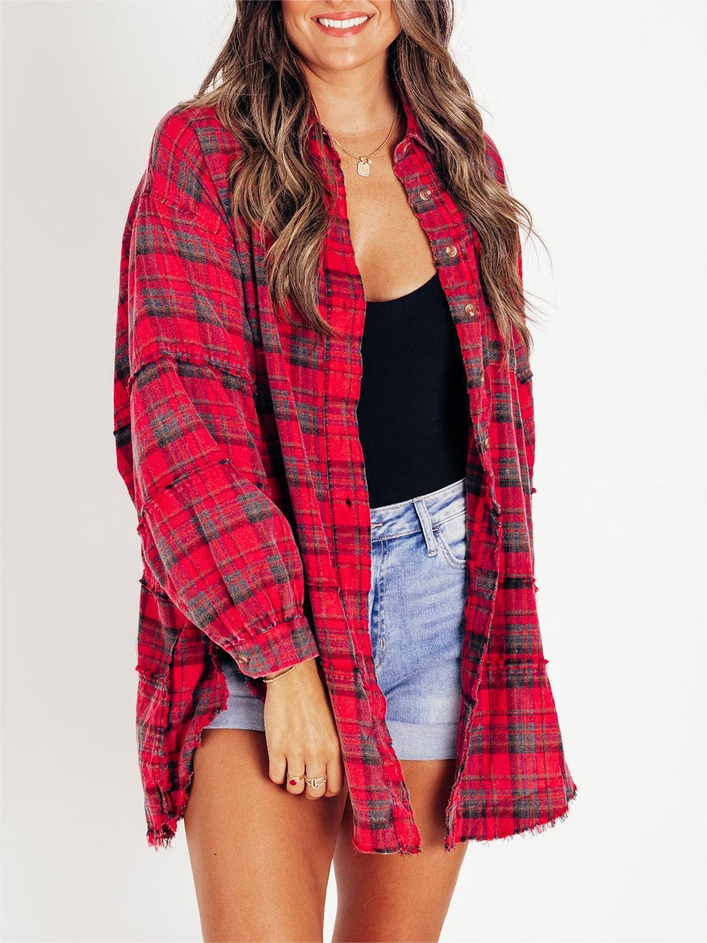 Brushed Check Shirt with Frayed Hem for Women