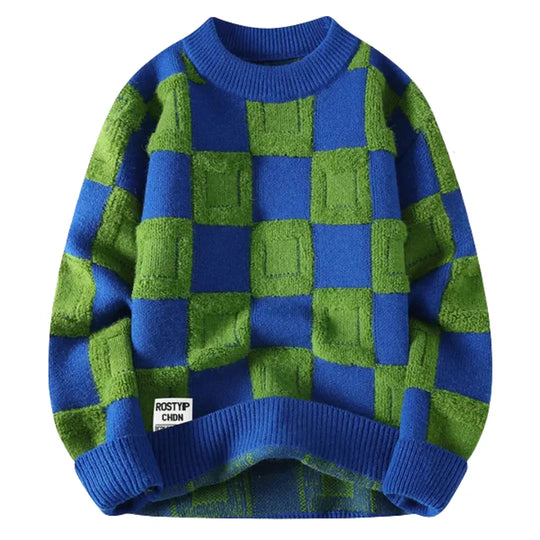 Checkered Knit Sweater for Men Azzoria