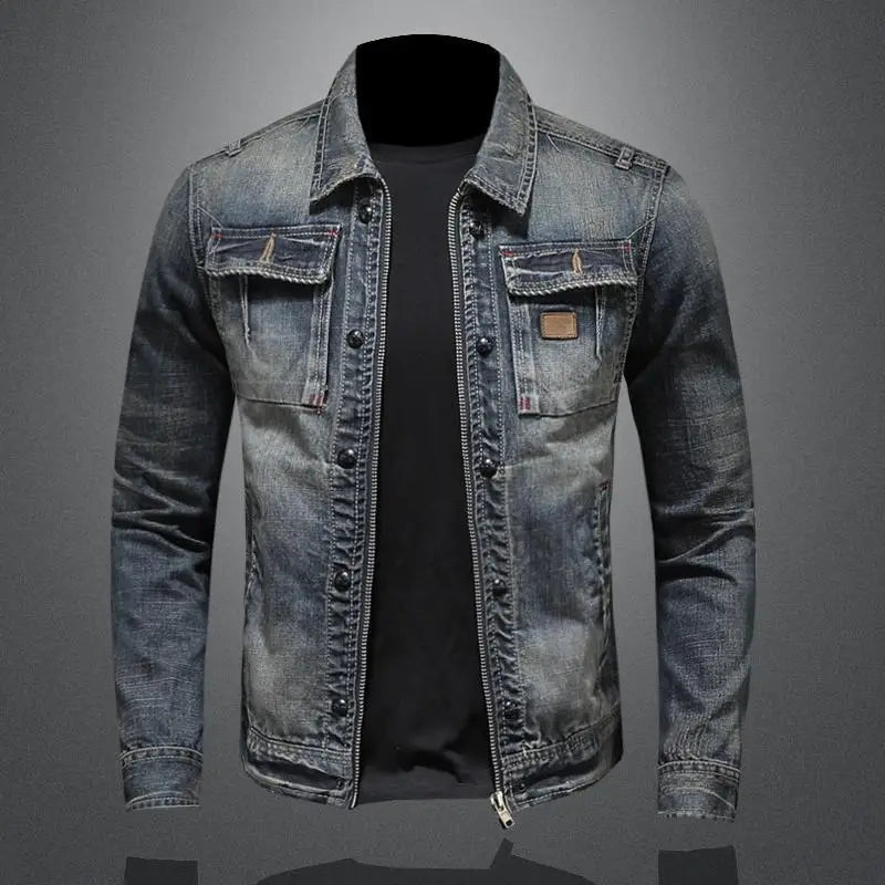 Faded Denim Jacket with Shoulder Epaulettes and Textured Grain – Men’s Fit