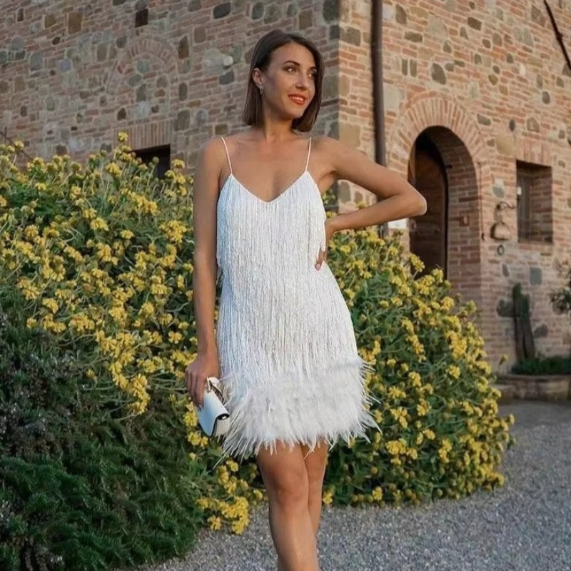 Feather Trim Fringe Mini Dress for Women