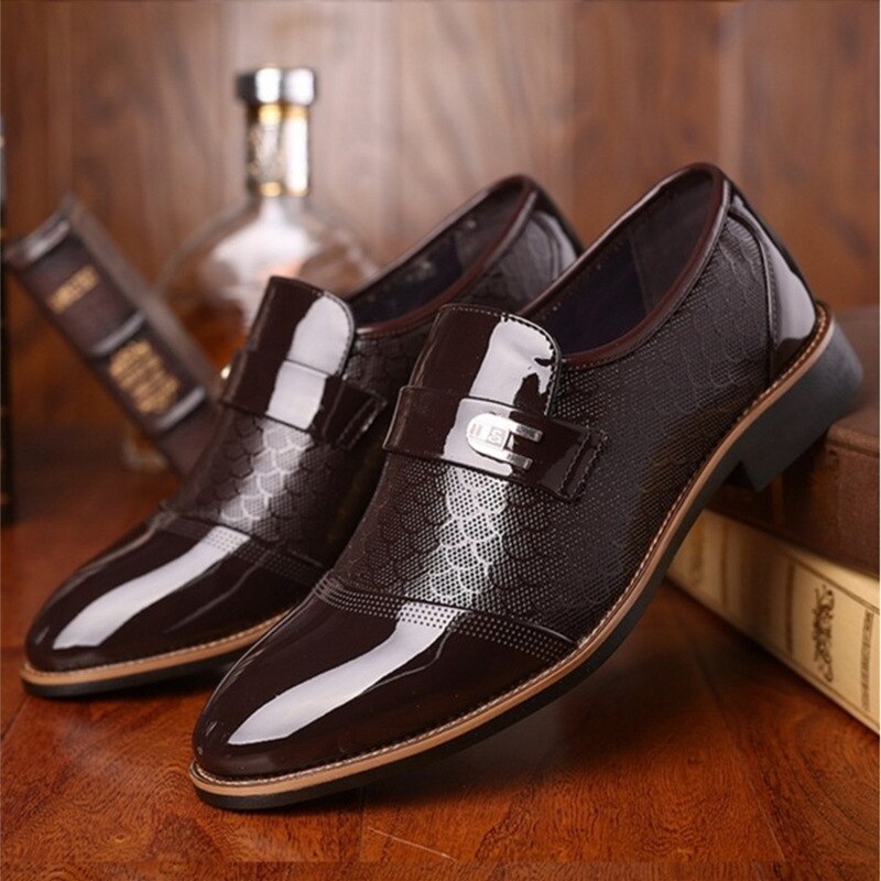 Gloss-Finish Slip-On Shoes with Patterned Upper for Men