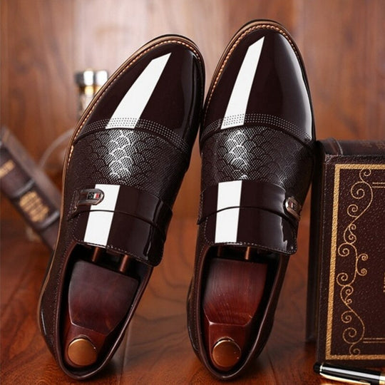 Gloss-Finish Slip-On Shoes with Patterned Upper for Men