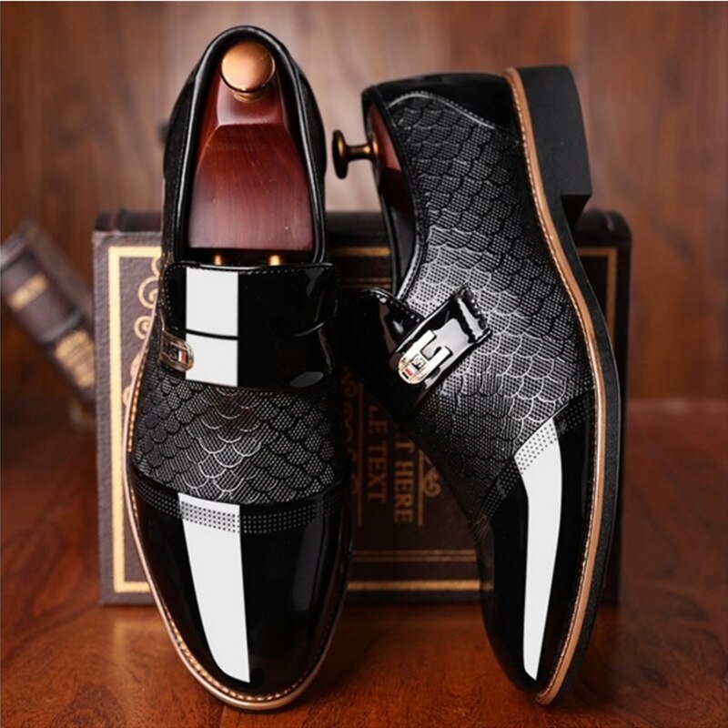 Gloss-Finish Slip-On Shoes with Patterned Upper for Men