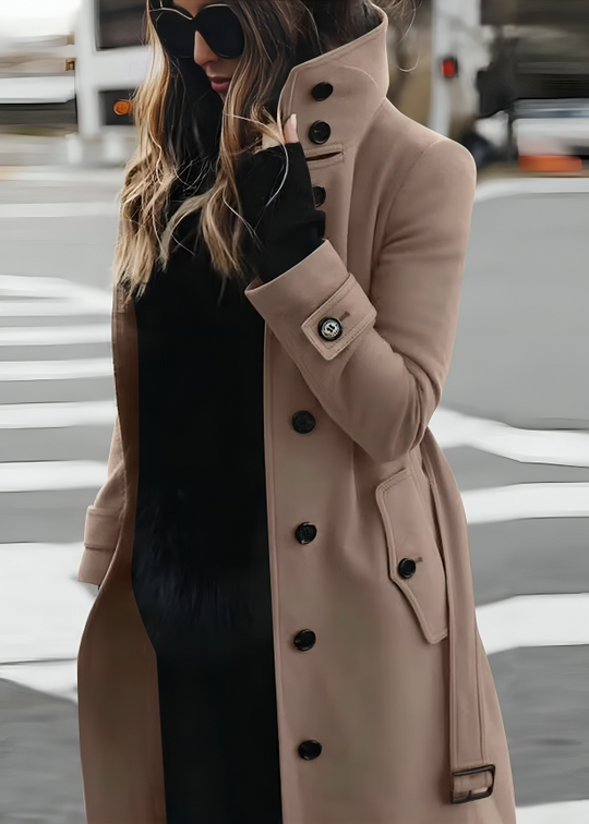 High Collar Tie-Belt Long Coat for Women