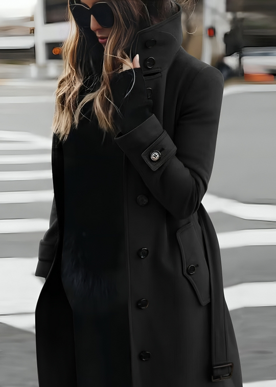 High Collar Tie-Belt Long Coat for Women