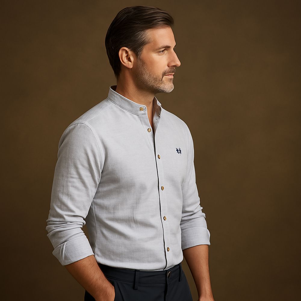 Mandarin Collar Shirt with Straight Hem and Minimal Texture – for Men