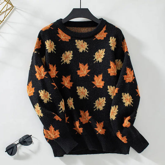 Maple Pattern Knit Pullover for Women Azzoria