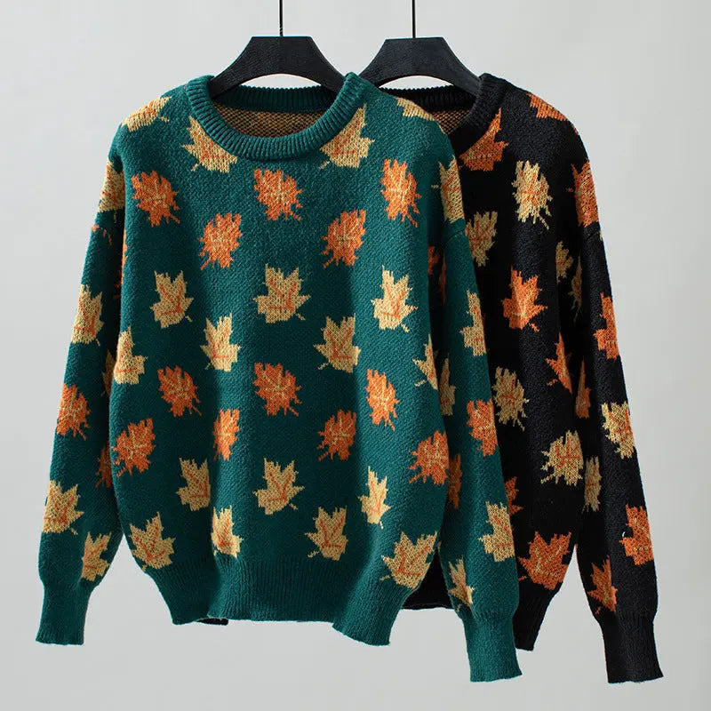 Maple Pattern Knit Pullover for Women Azzoria