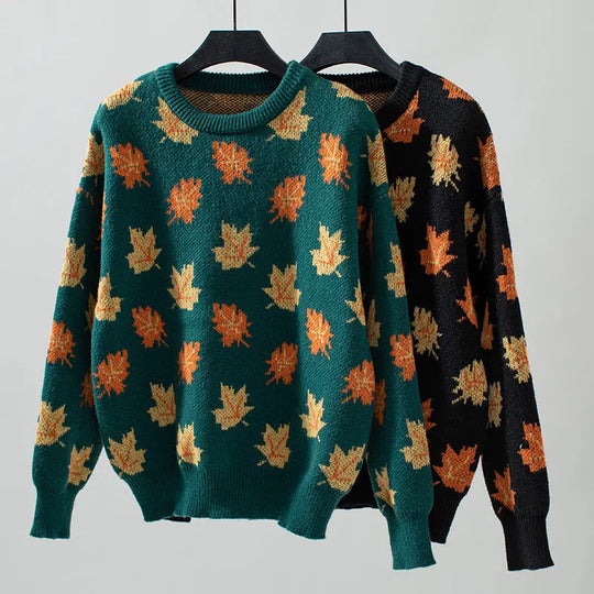 Maple Pattern Knit Pullover for Women Azzoria