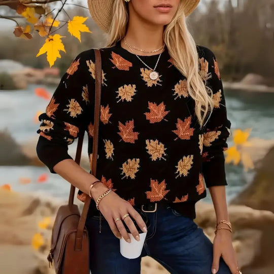 Maple Pattern Knit Pullover for Women Azzoria