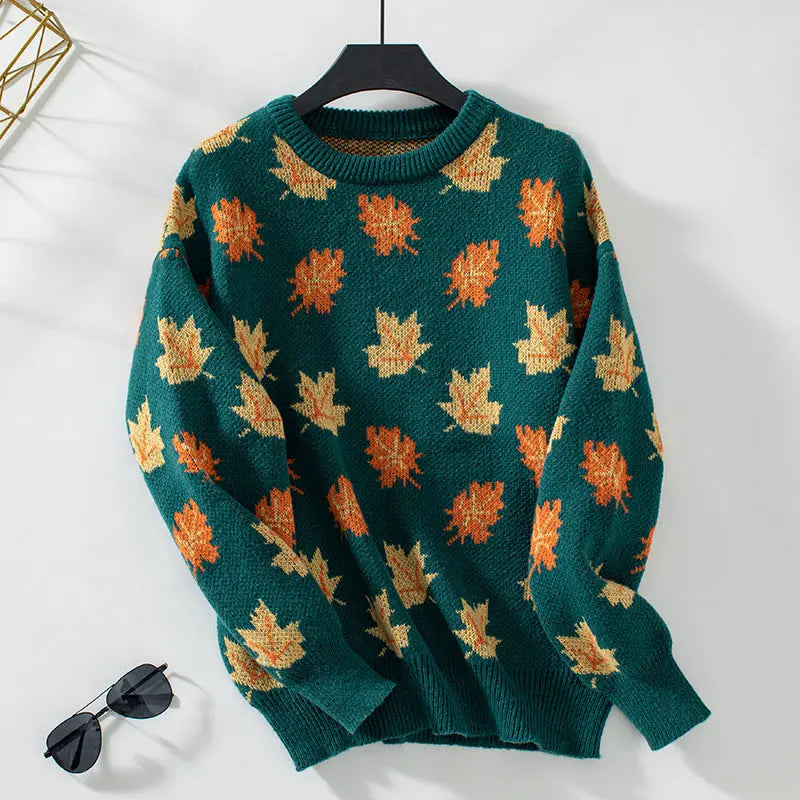 Maple Pattern Knit Pullover for Women Azzoria
