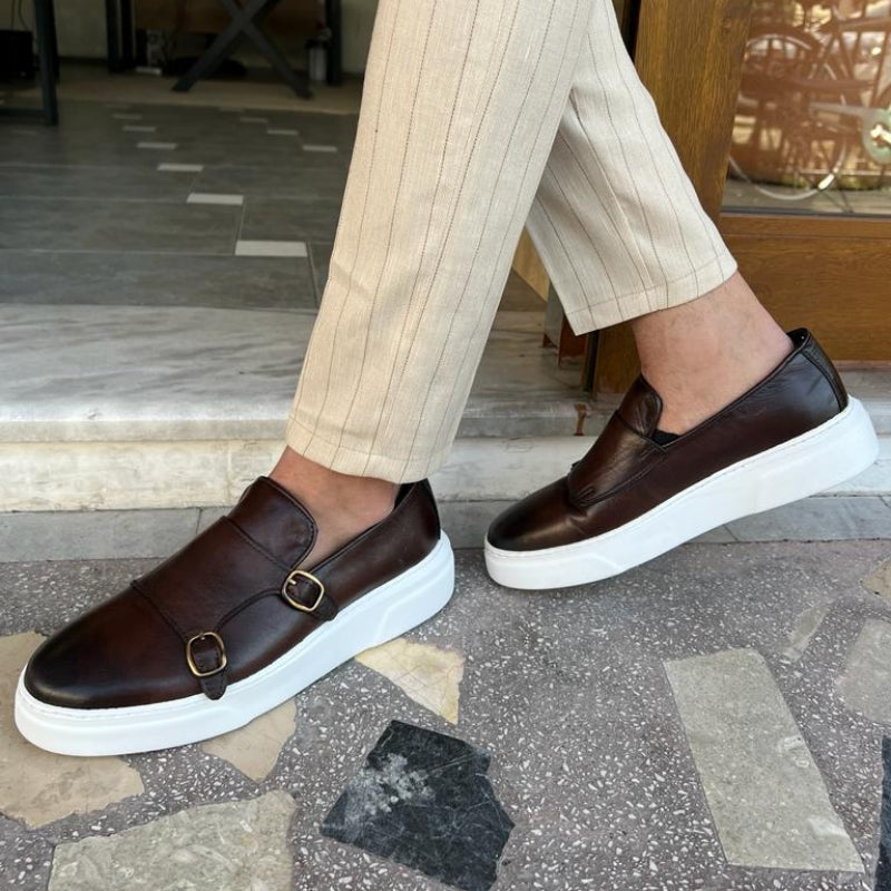 Matte Upper Slip-On Loafers with Dual Buckle Detail for Men