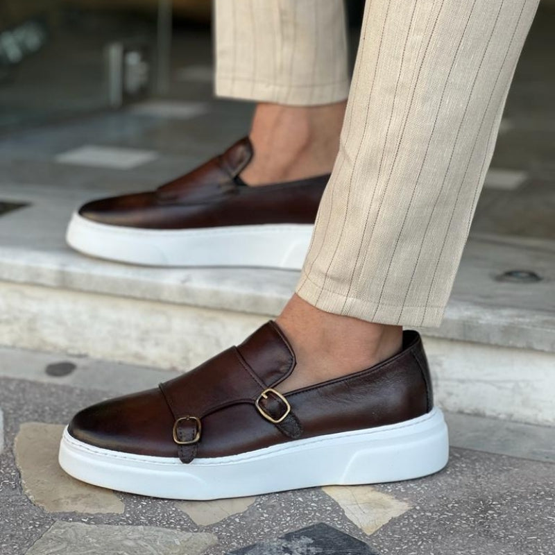 Matte Upper Slip-On Loafers with Dual Buckle Detail for Men