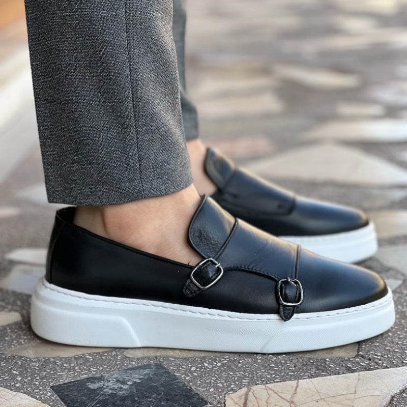 Matte Upper Slip-On Loafers with Dual Buckle Detail for Men