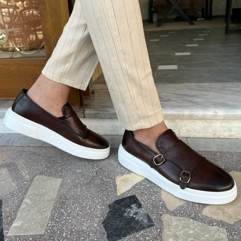 Matte Upper Slip-On Loafers with Dual Buckle Detail for Men