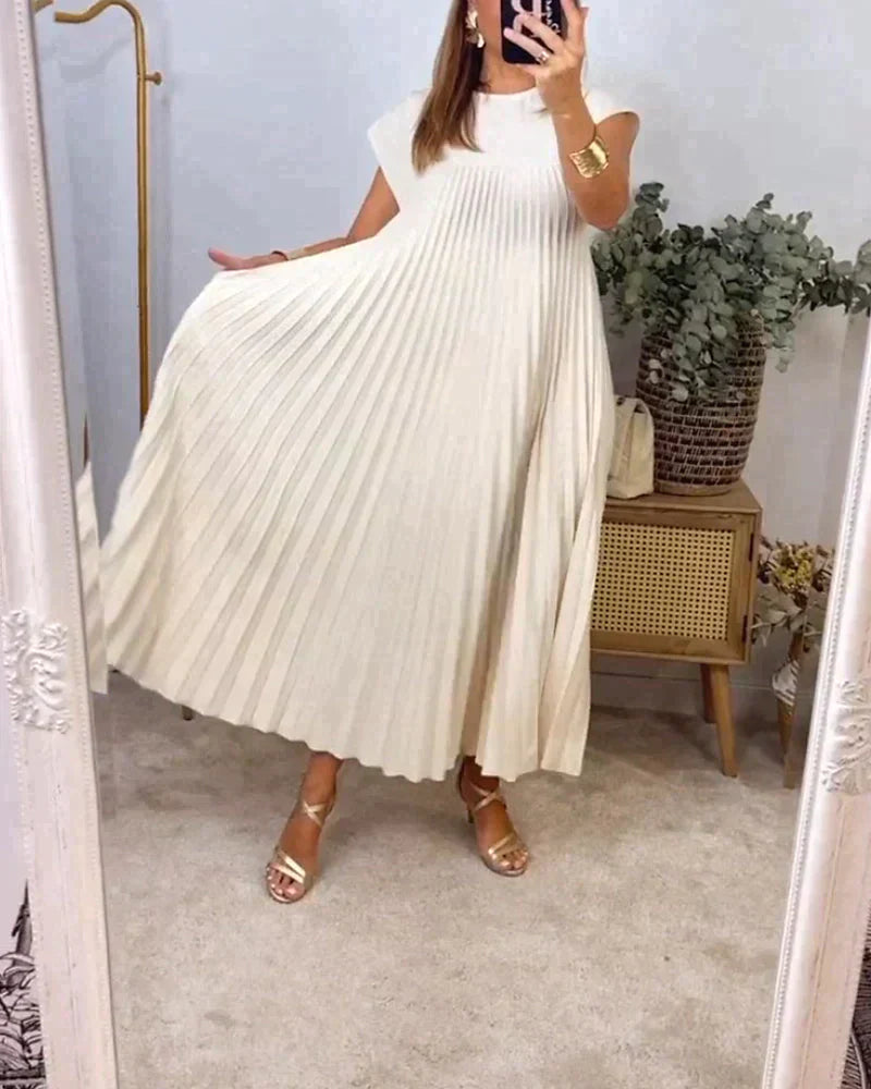 Pleated Midi Dress with Short Sleeves for Women