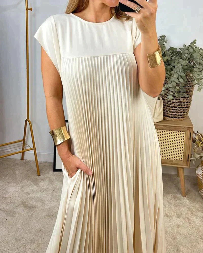 Pleated Midi Dress with Short Sleeves for Women