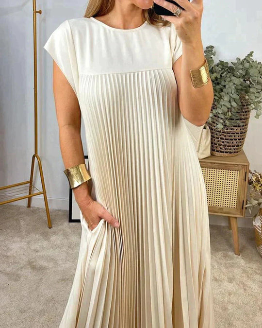 Pleated Midi Dress with Short Sleeves for Women