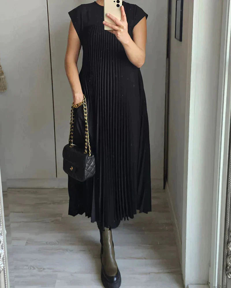 Pleated Midi Dress with Short Sleeves for Women