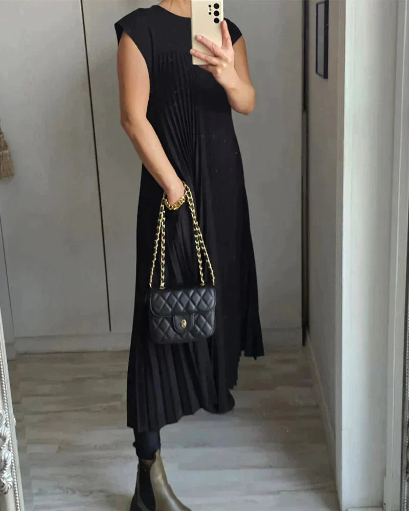 Pleated Midi Dress with Short Sleeves for Women