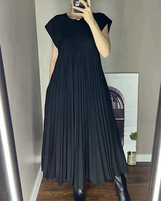 Pleated Midi Dress with Short Sleeves for Women