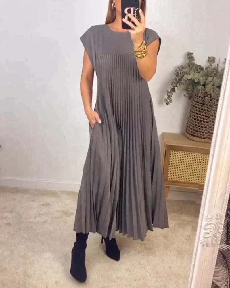 Pleated Midi Dress with Short Sleeves for Women