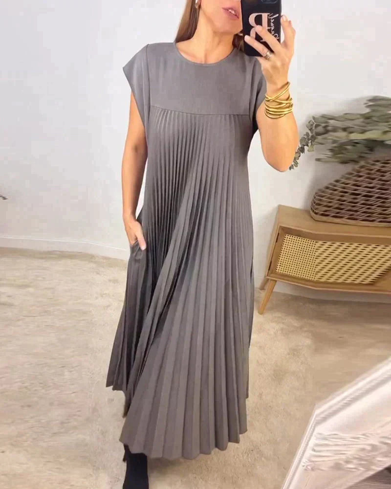 Pleated Midi Dress with Short Sleeves for Women