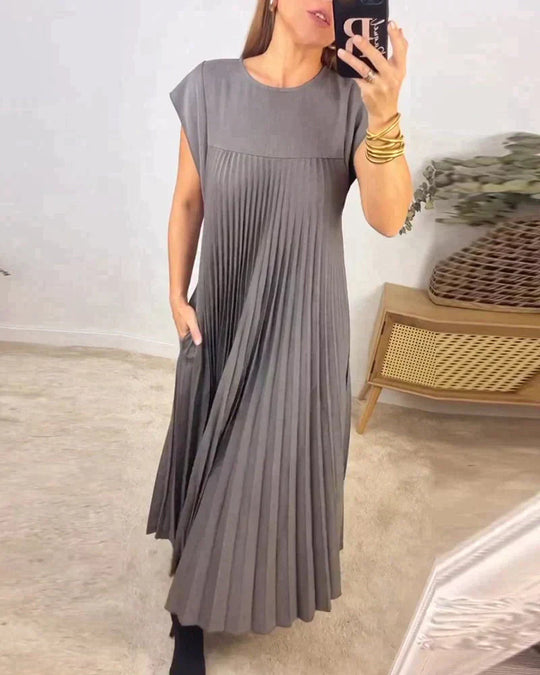 Pleated Midi Dress with Short Sleeves for Women