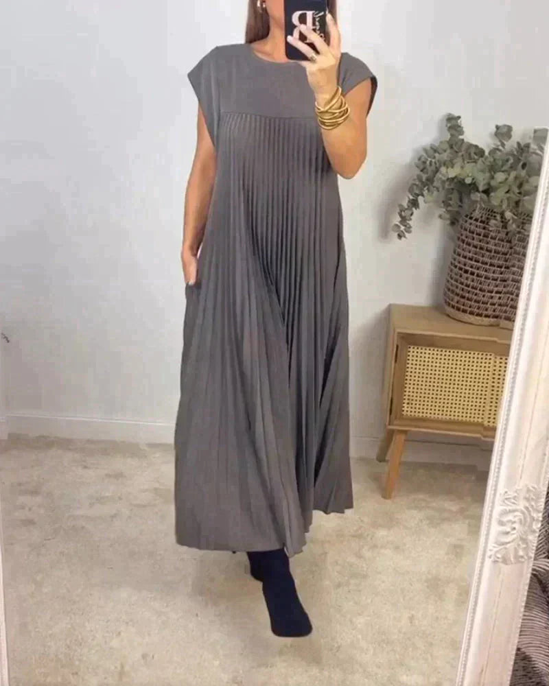Pleated Midi Dress with Short Sleeves for Women
