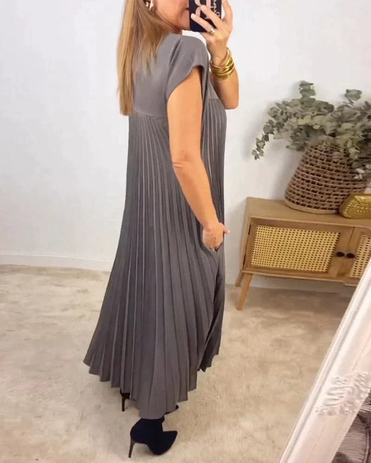 Pleated Midi Dress with Short Sleeves for Women