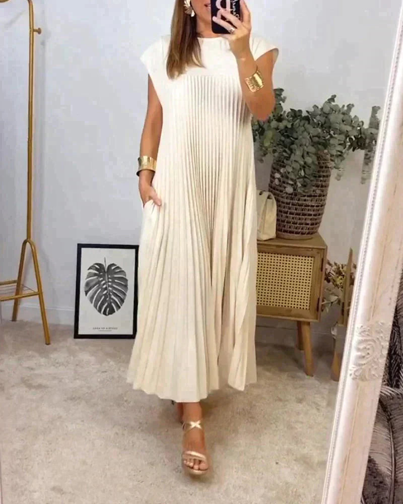 Pleated Midi Dress with Short Sleeves for Women