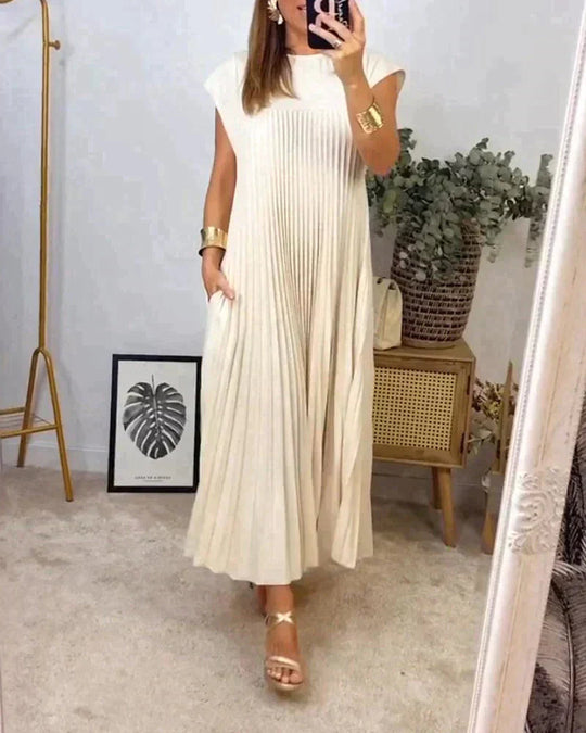 Pleated Midi Dress with Short Sleeves for Women