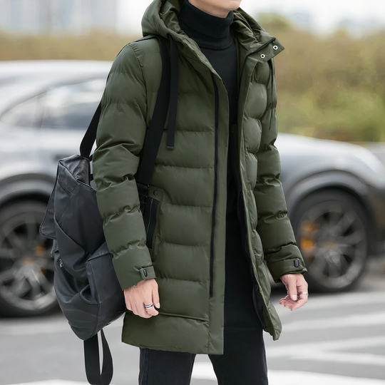 Quilted Long Hooded Winter Coat for Men