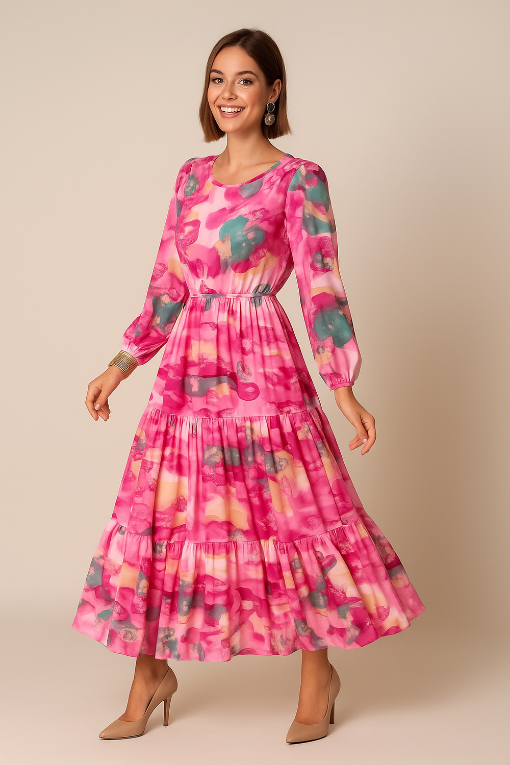 Sheer Sleeve Tiered Midi Dress for Women