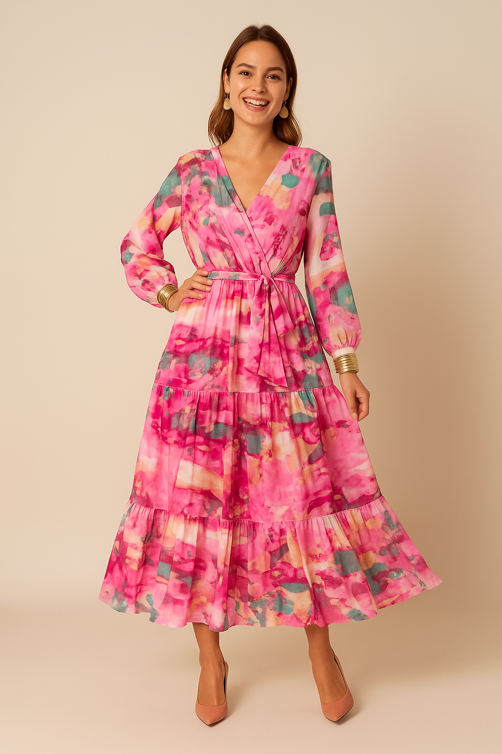 Sheer Sleeve Tiered Midi Dress for Women