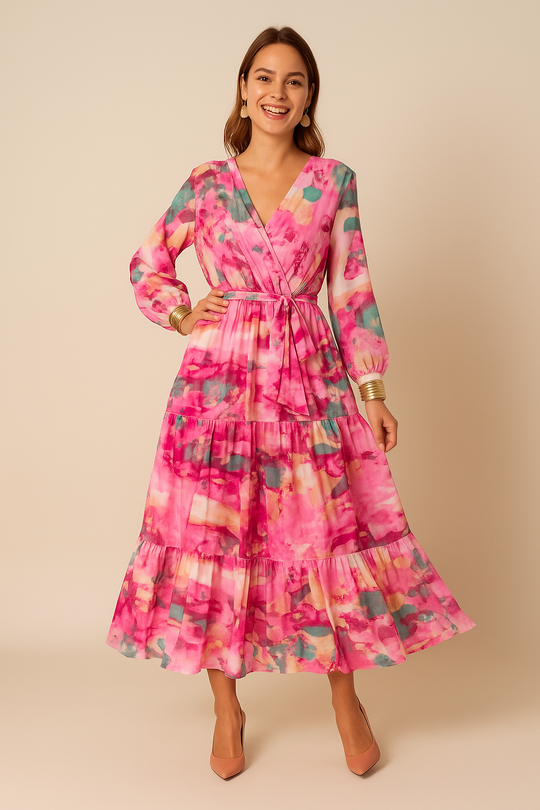 Sheer Sleeve Tiered Midi Dress for Women