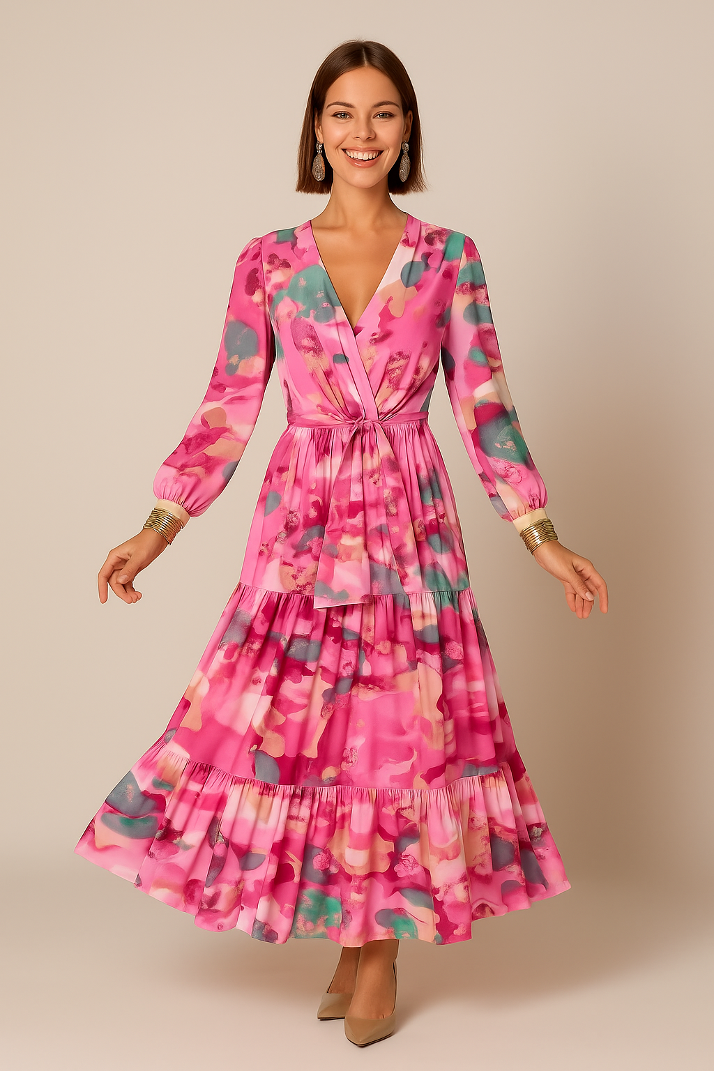Sheer Sleeve Tiered Midi Dress for Women