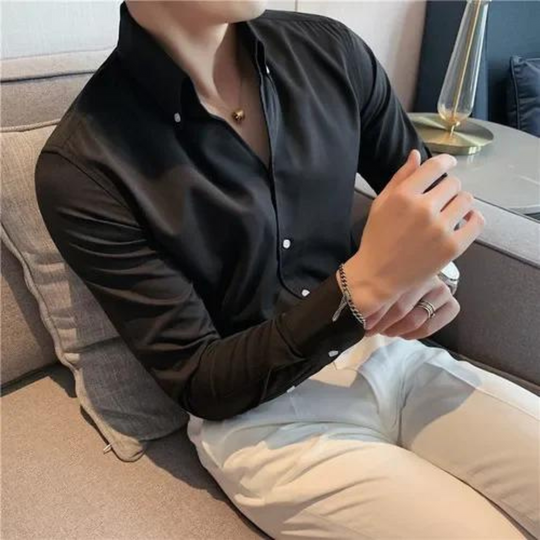 Slim-Fit Long-Sleeve Shirt with Stand Collar for Men