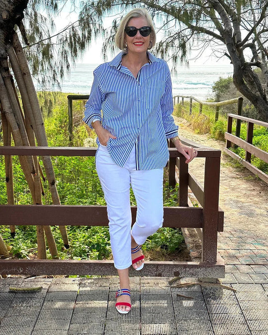 Striped Button-Up Shirt with Chest Pocket – For Women