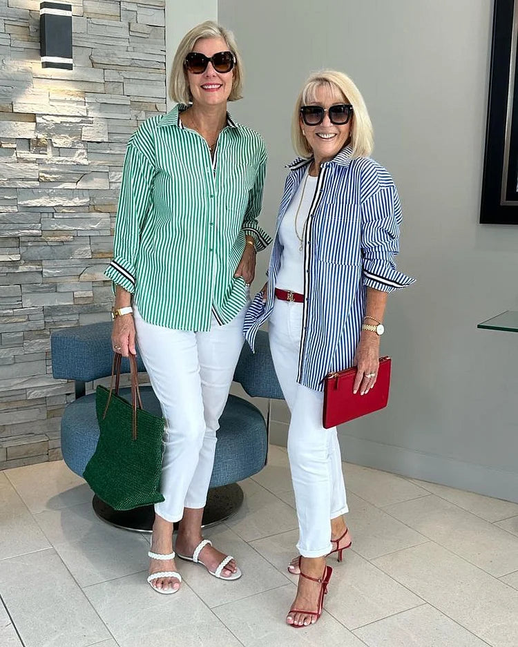 Striped Button-Up Shirt with Chest Pocket – For Women