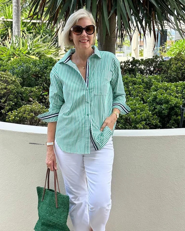 Striped Button-Up Shirt with Chest Pocket – For Women