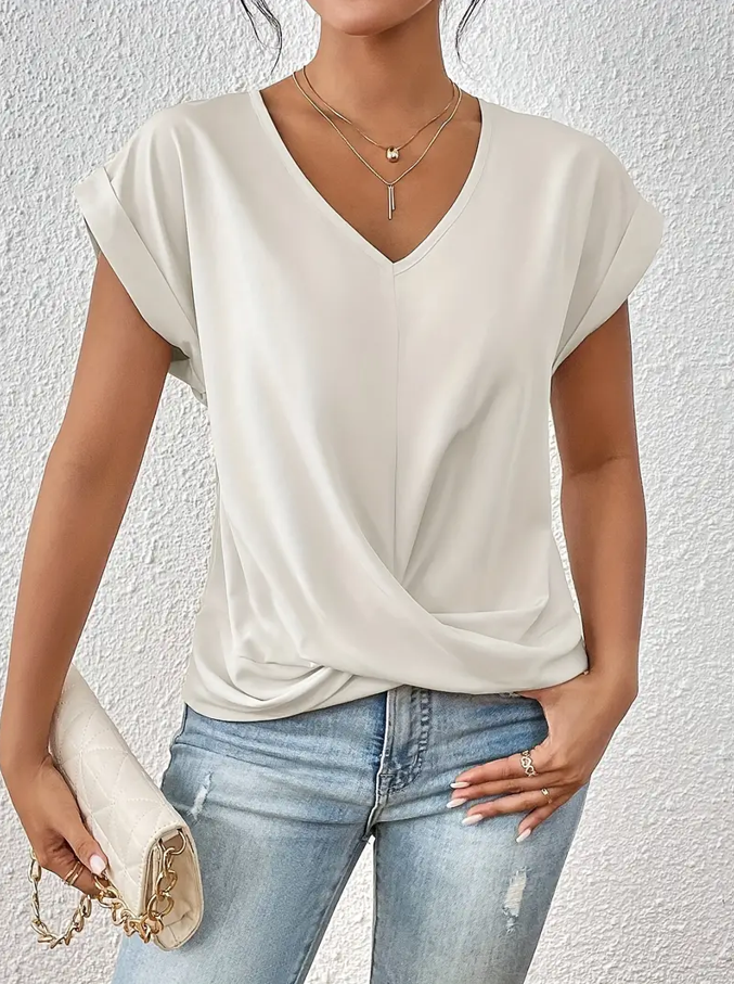 Structured V-Neck Short Sleeve Top for Women
