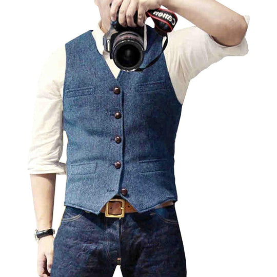 Textured Button Front Slim Fit Vest for Men