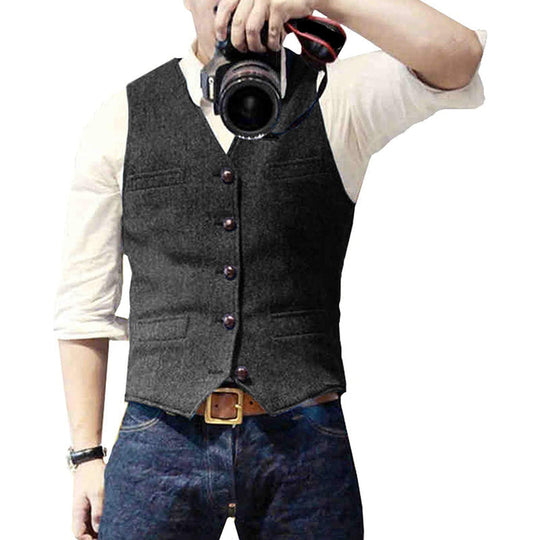 Textured Button Front Slim Fit Vest for Men