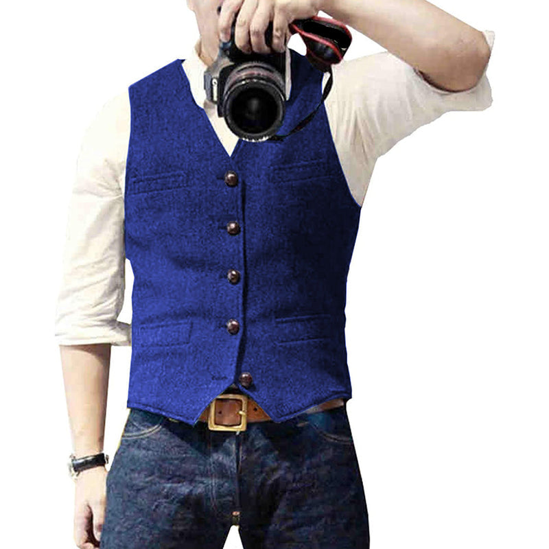 Textured Button Front Slim Fit Vest for Men