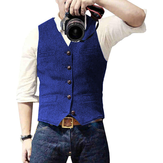 Textured Button Front Slim Fit Vest for Men