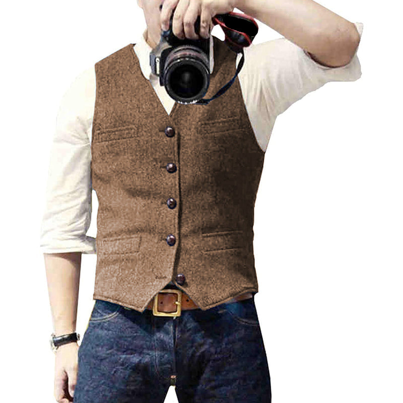 Textured Button Front Slim Fit Vest for Men