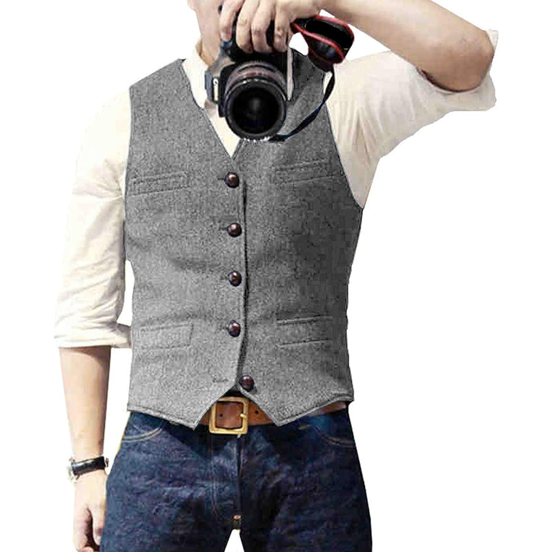 Textured Button Front Slim Fit Vest for Men