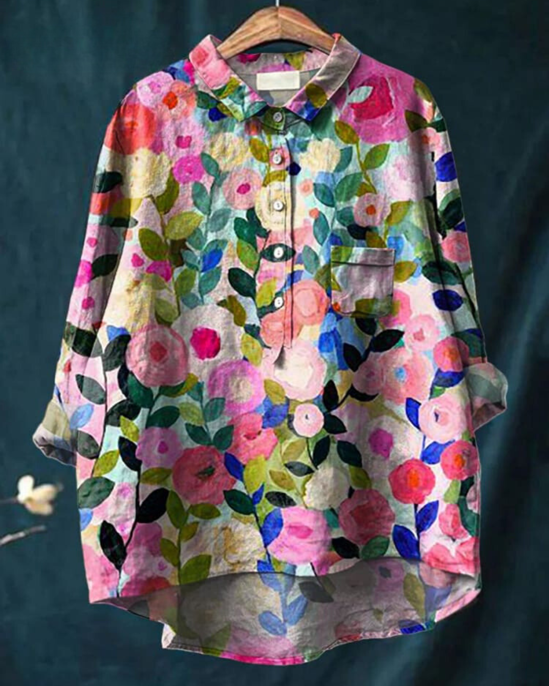 Textured Floral Blouse with Roll-Tab Sleeves for Women
