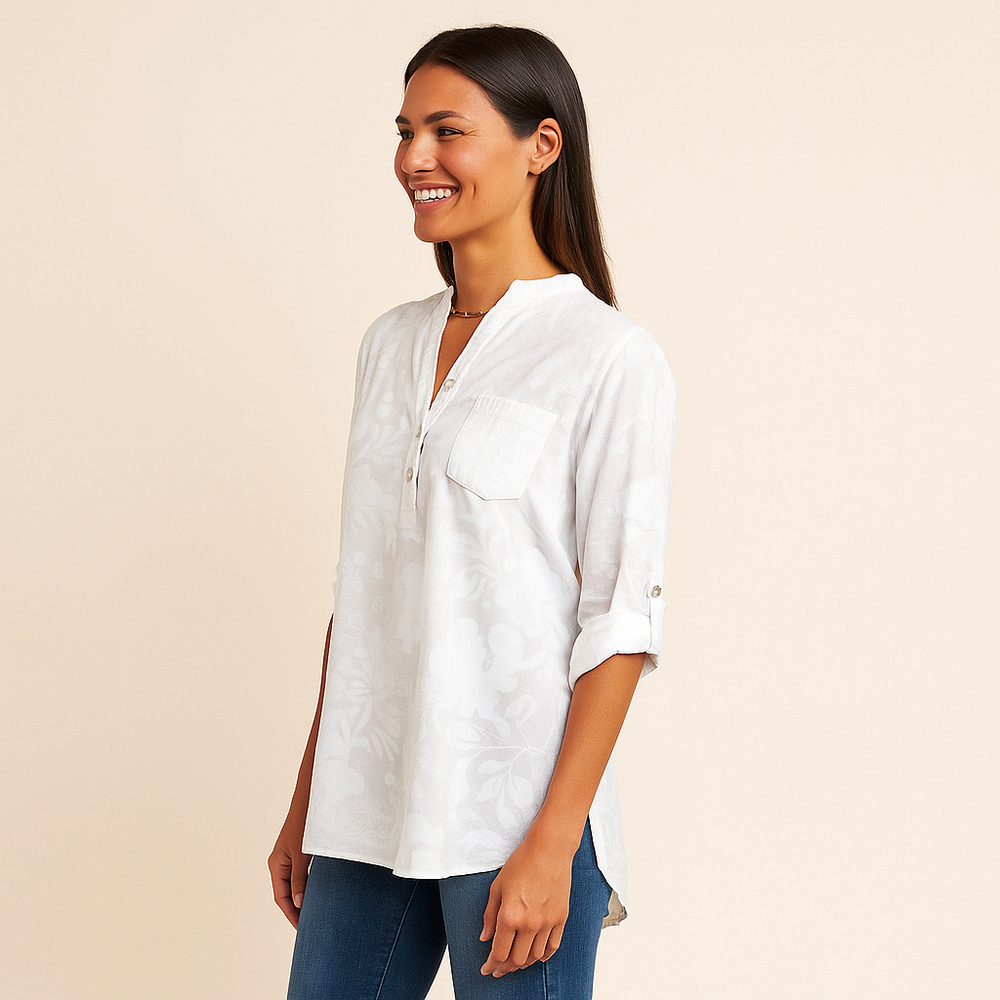 V-Neck Blouse with Roll-Tab Sleeves for Women